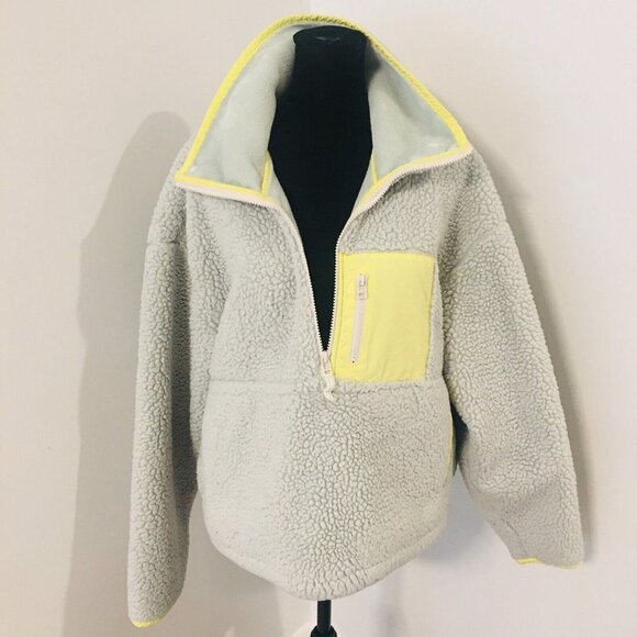 ANTHROPOLOGIE Janey Gray/Blue Neon Yellow Teddy Fuzzy Pullover Fleece Large - Picture 3 of 14